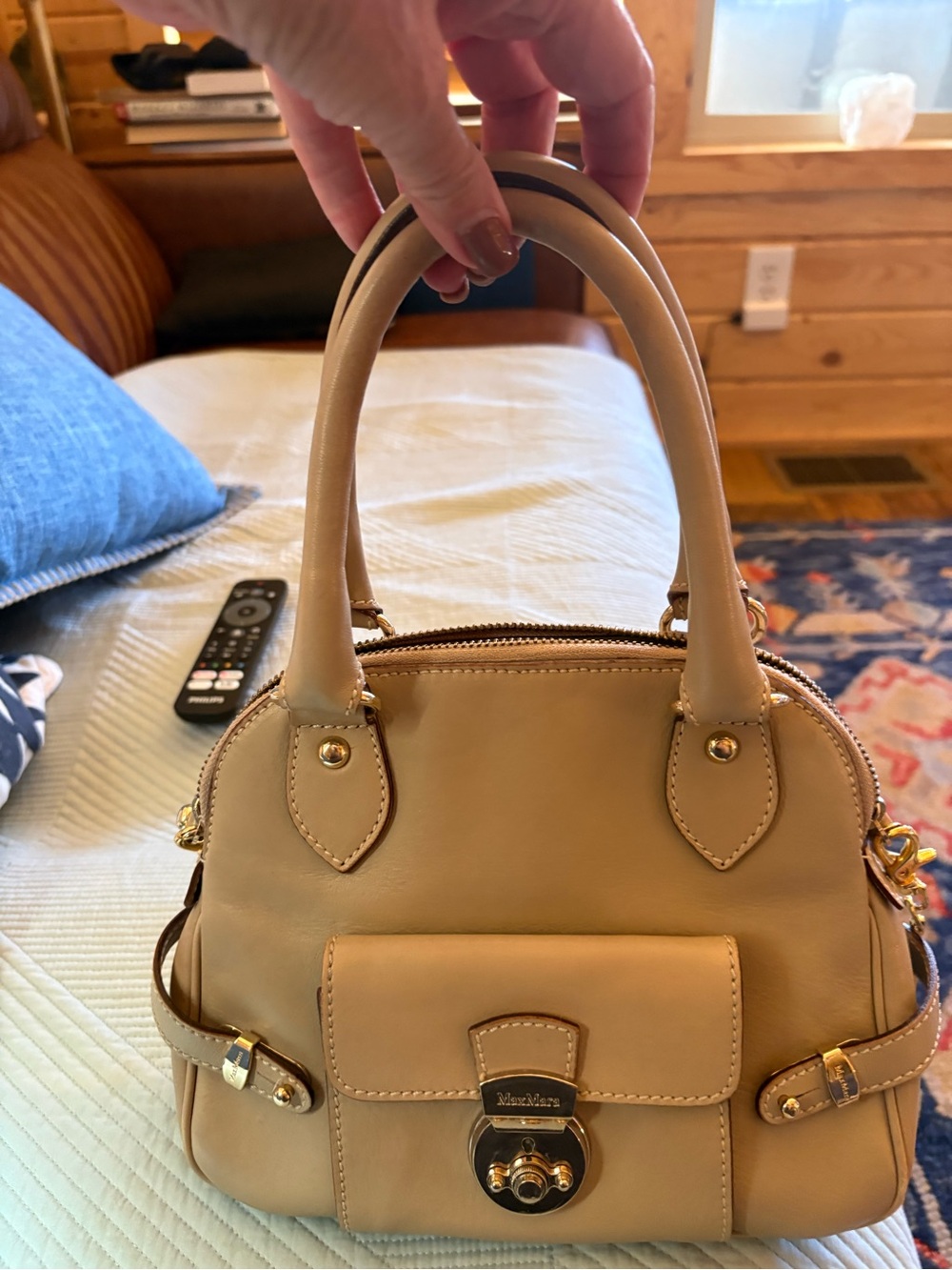 MaxMara Beige/Tan Leather Dome Satchel with Gold Hardware